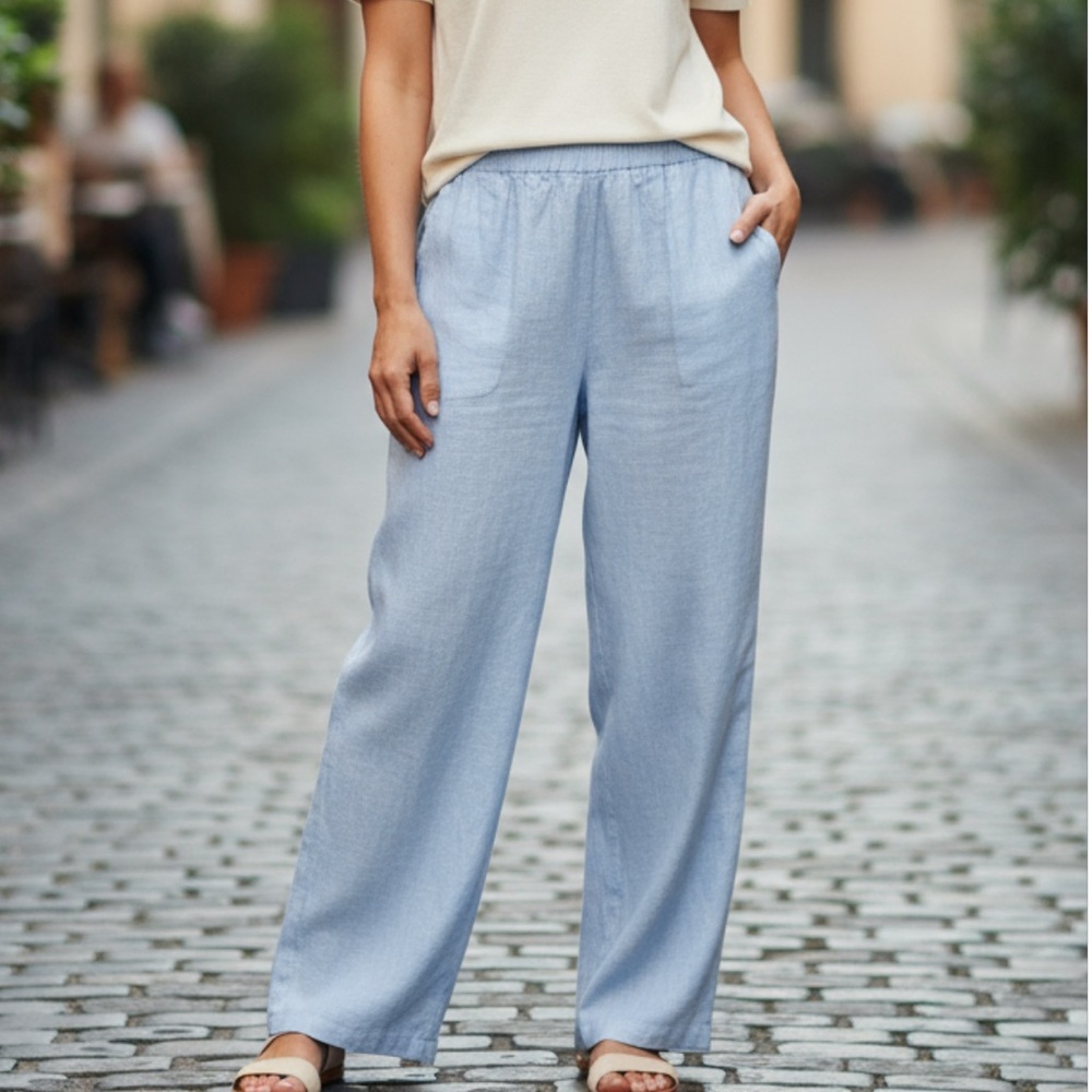 Casual Linen Sky Blue Wide-Leg Pants